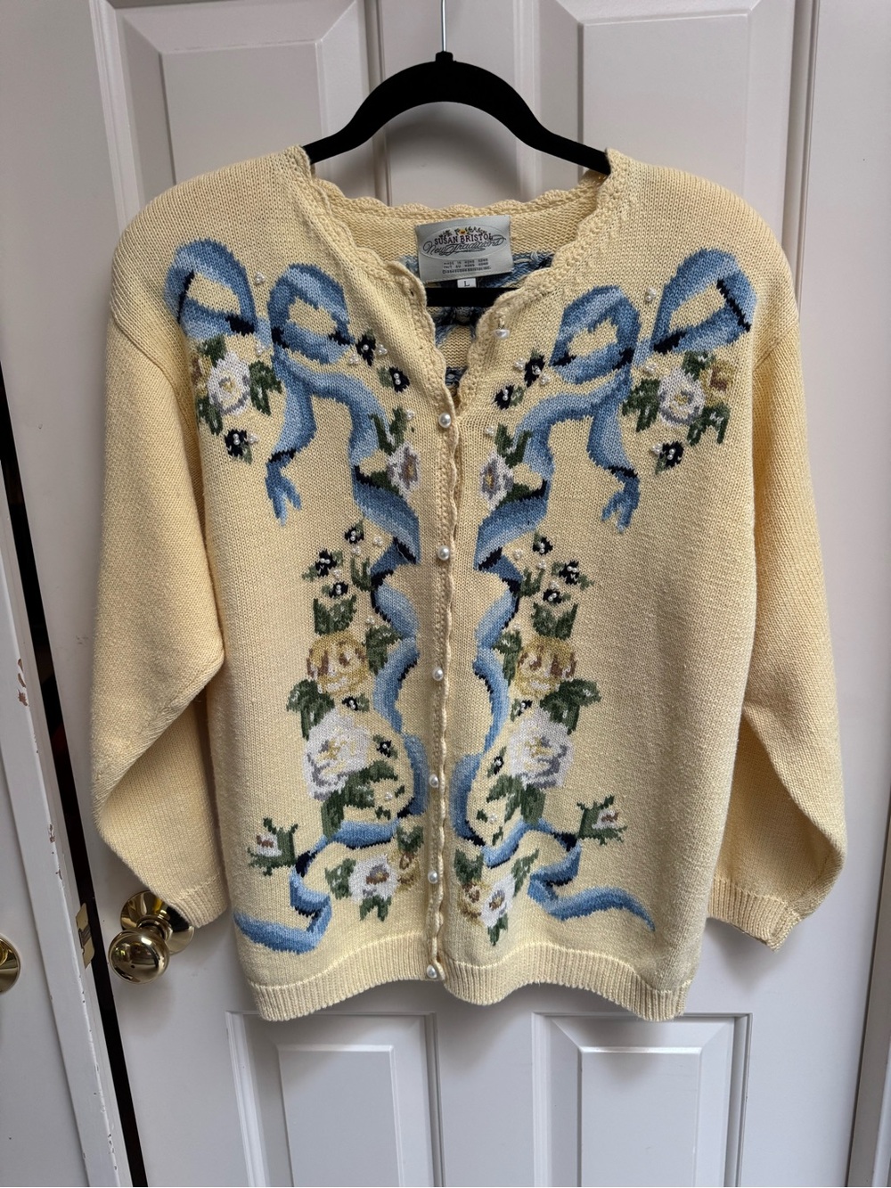 Vintage Susan Bristol Pale Yellow Cardigan with Blue Ribbon Floral Embroidery